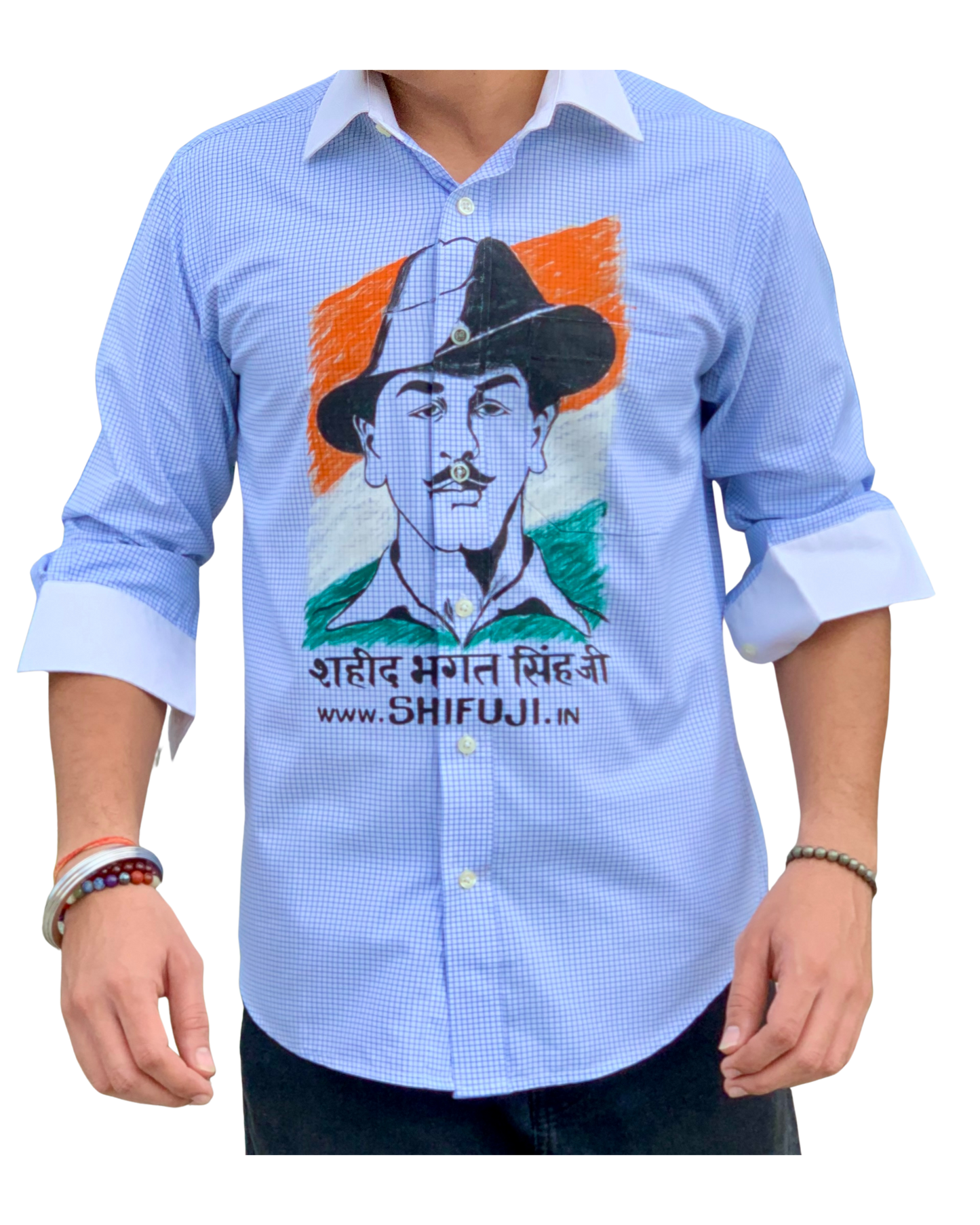 Inquilab Zindabad” Bhagat Singh White Blue Checks Printed Shirt