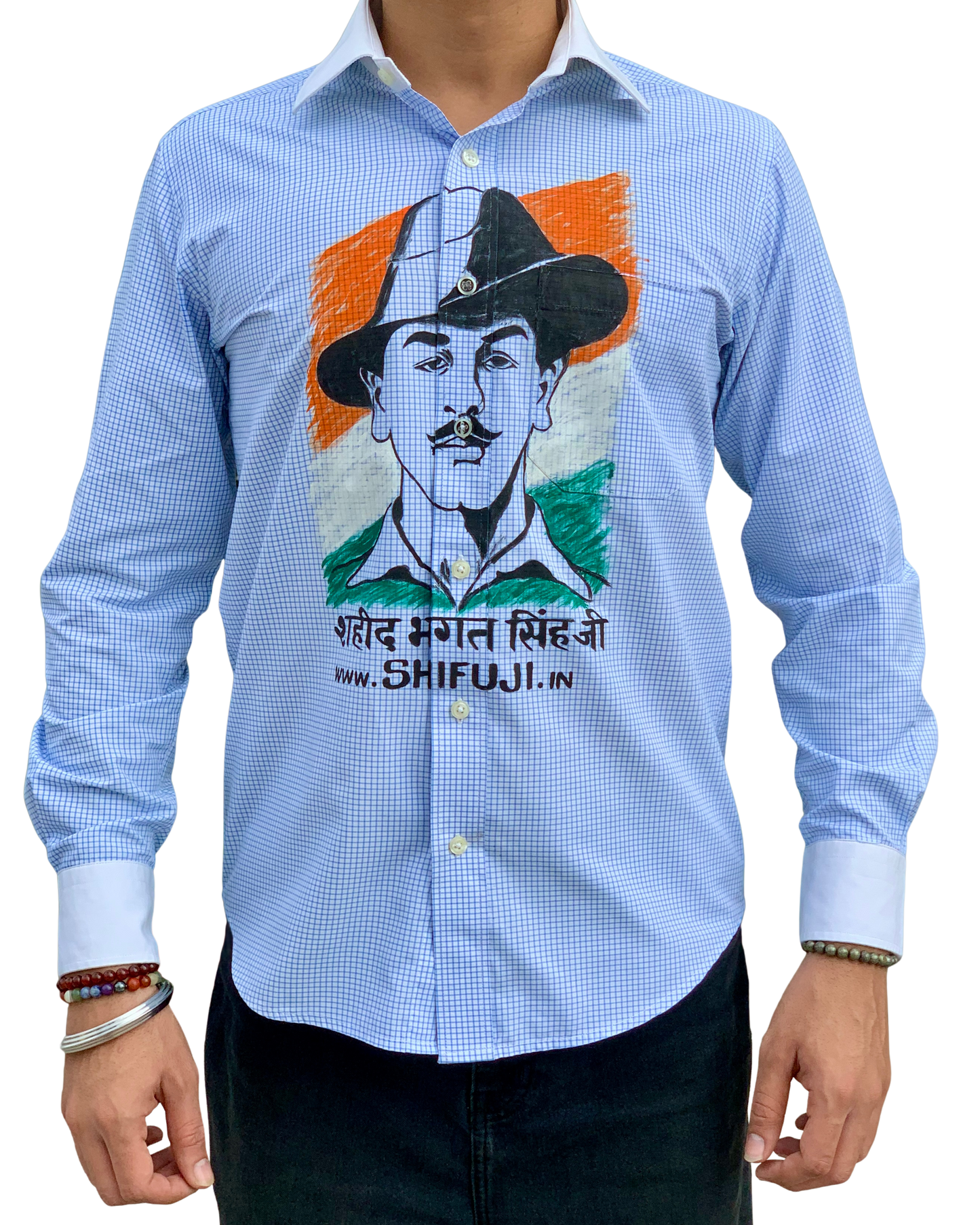 Inquilab Zindabad” Bhagat Singh White Blue Checks Printed Shirt