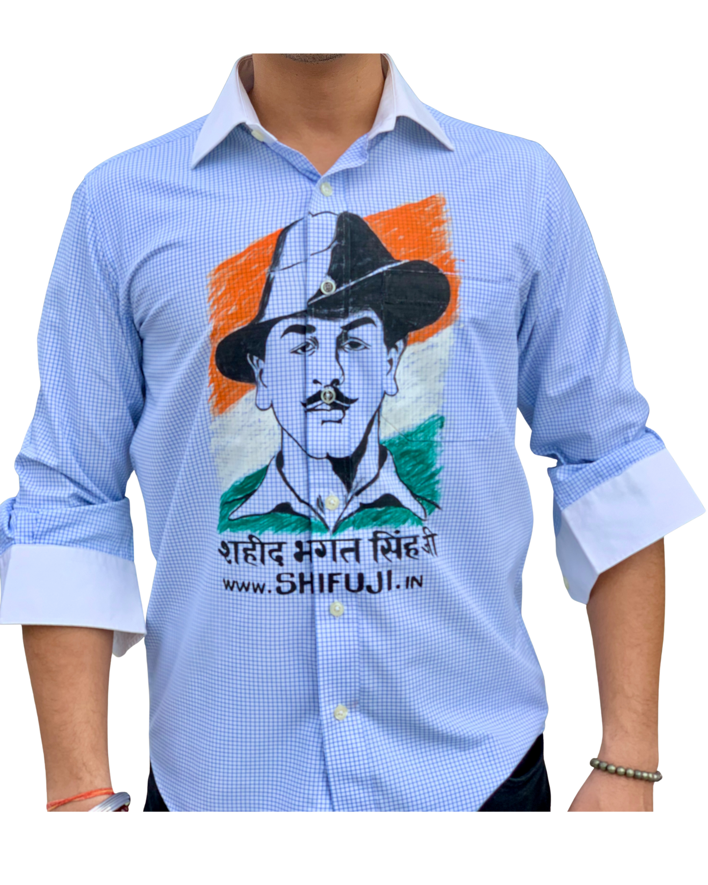 Inquilab Zindabad” Bhagat Singh White Blue Checks Printed Shirt