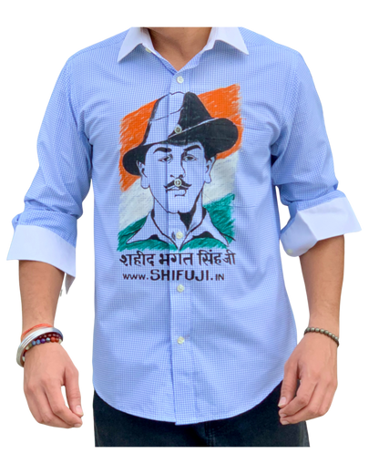 Inquilab Zindabad” Bhagat Singh White Blue Checks Printed Shirt