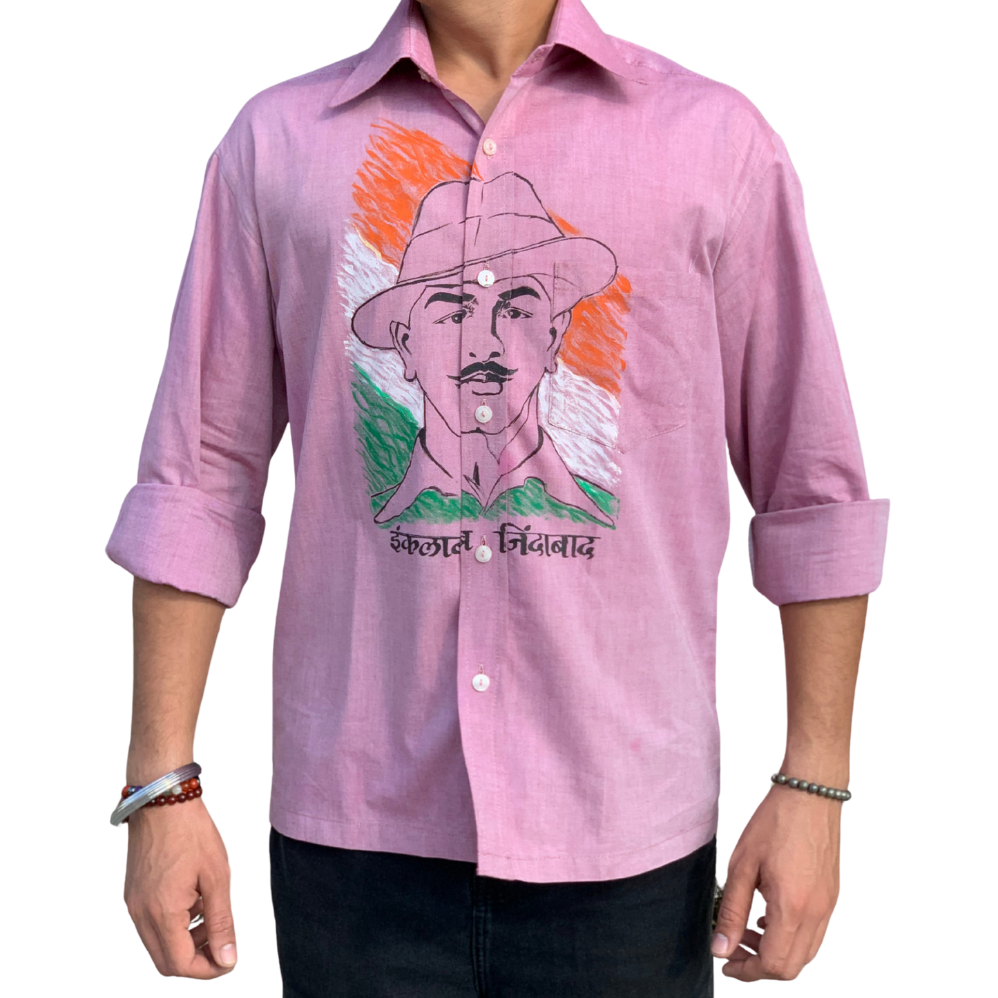 Inquilab Zindabad” Bhagat Singh Light Pink Checks Printed Shirt