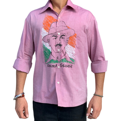 Inquilab Zindabad” Bhagat Singh Light Pink Checks Printed Shirt