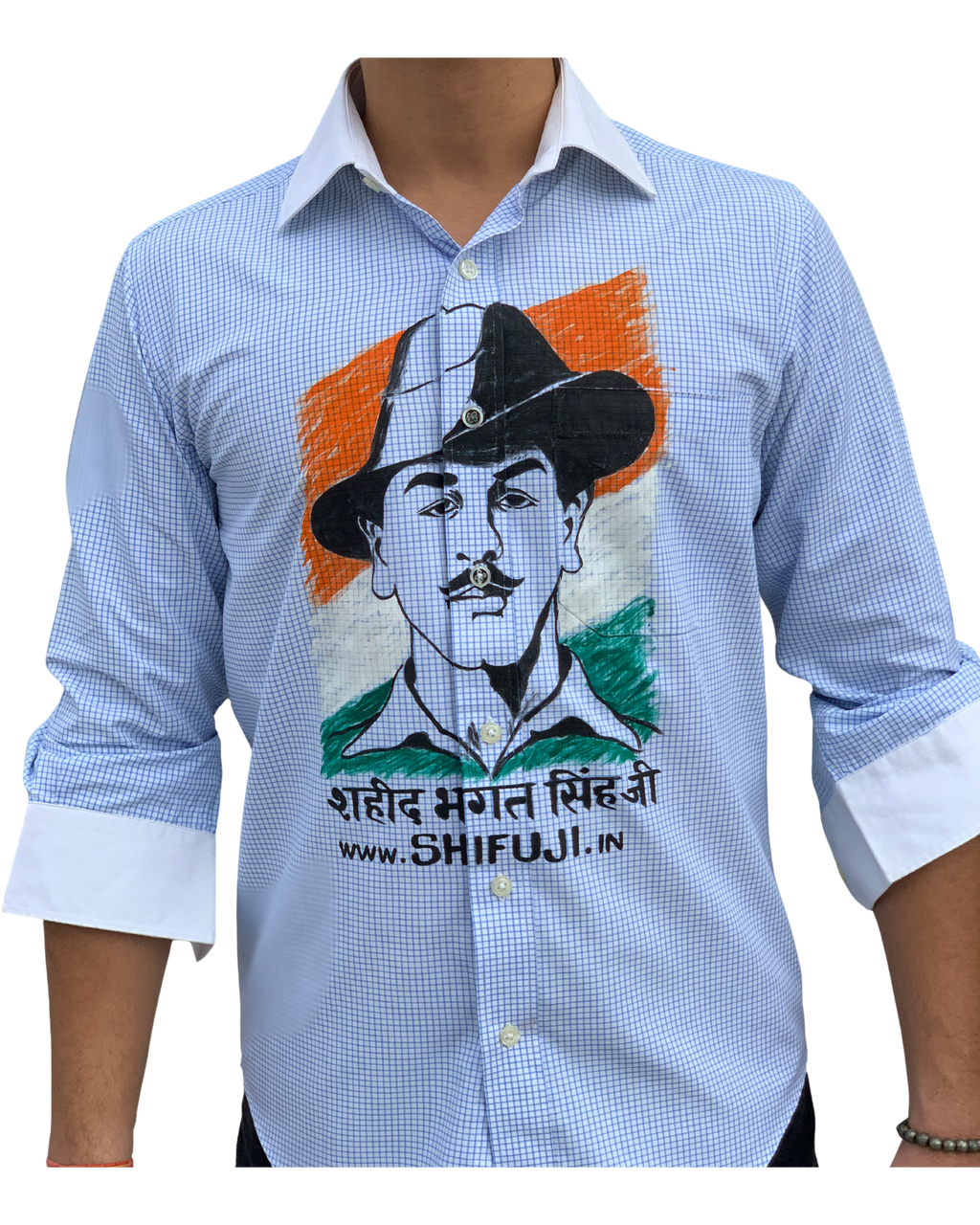 Inquilab Zindabad” Bhagat Singh White Blue Checks Printed Shirt