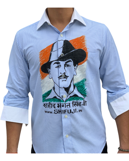Inquilab Zindabad” Bhagat Singh White Blue Checks Printed Shirt