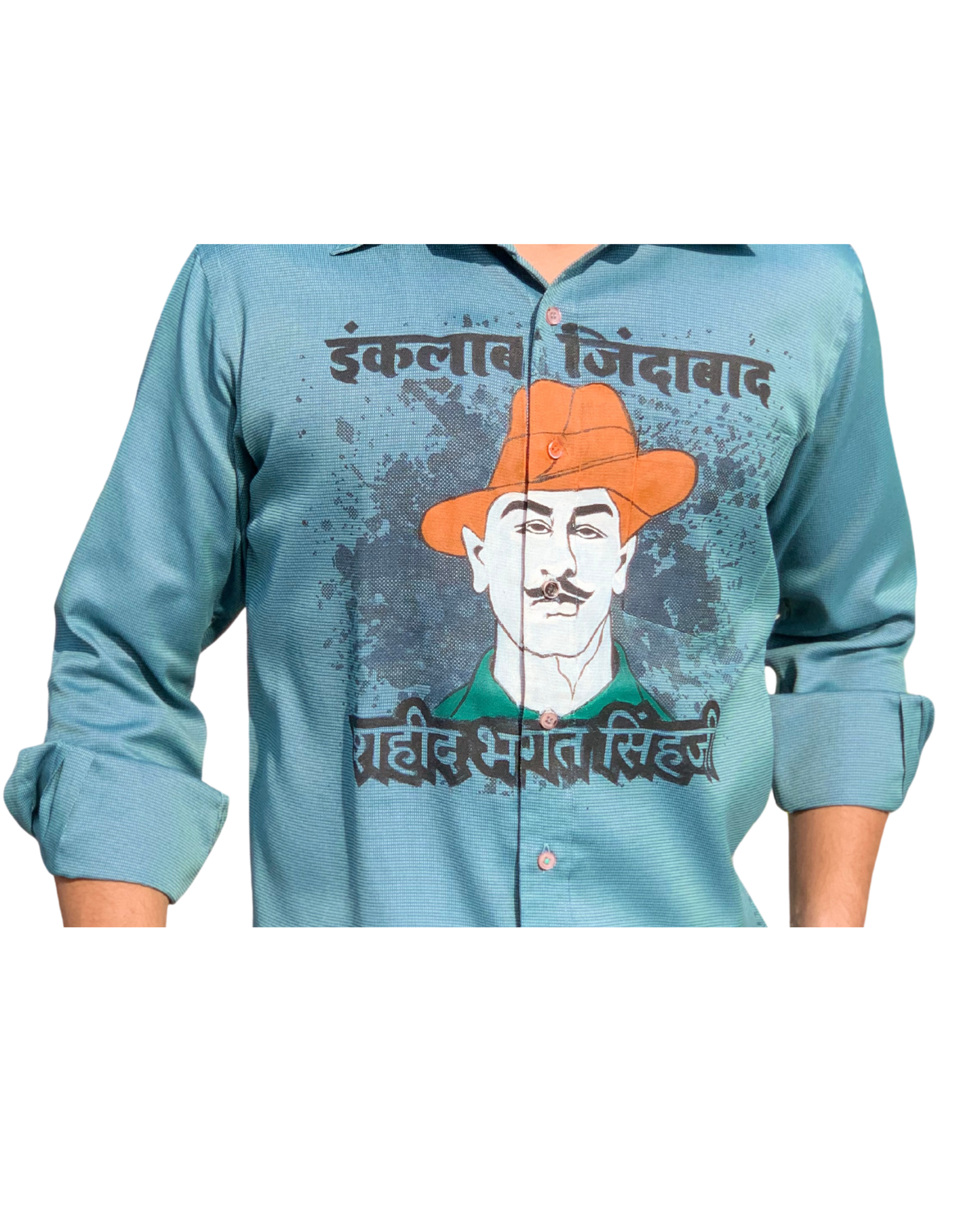 Inquilab Zindabad” Bhagat Singh Teal Blue Checks Printed Shirt