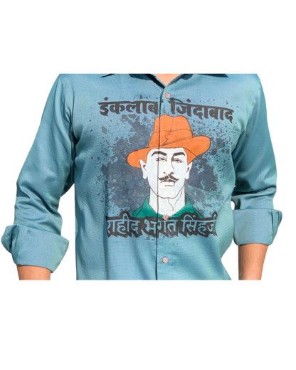 Inquilab Zindabad” Bhagat Singh Teal Blue Checks Printed Shirt