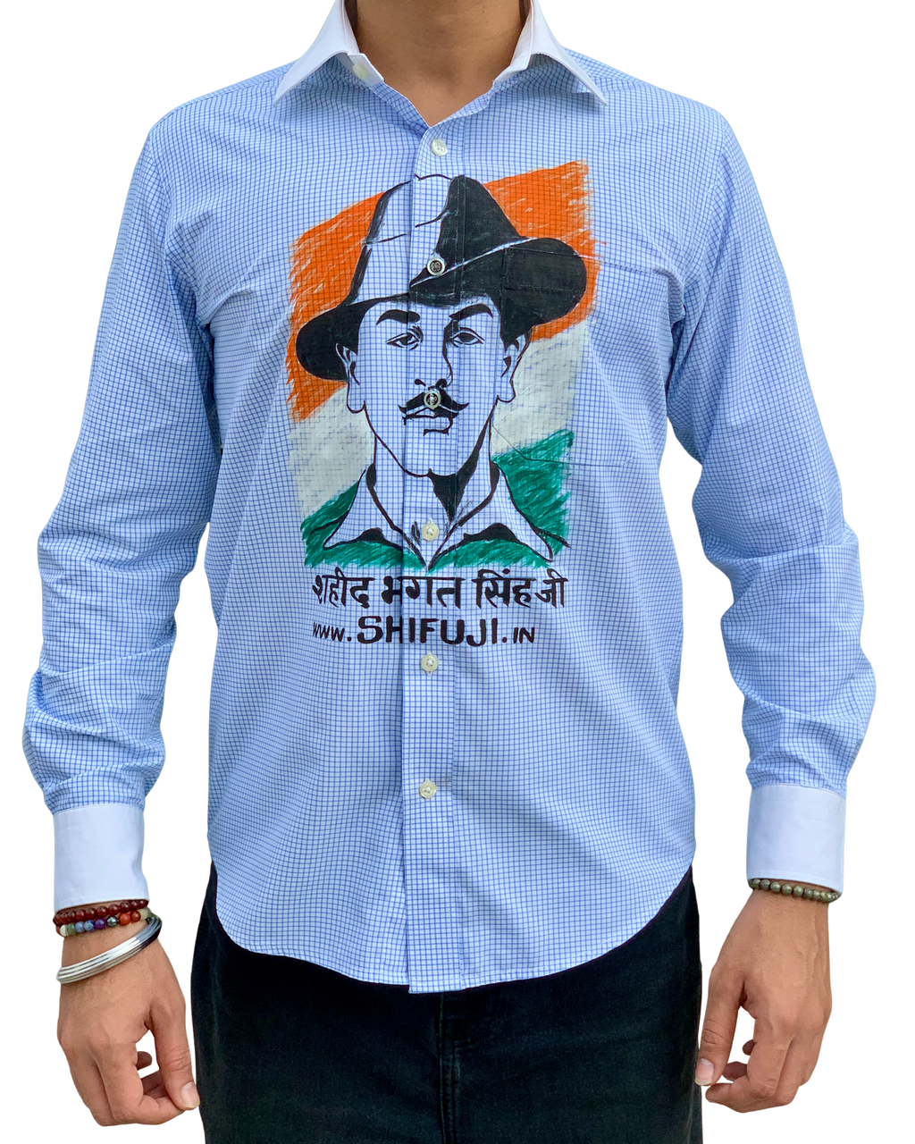 Inquilab Zindabad” Bhagat Singh White Blue Checks Printed Shirt