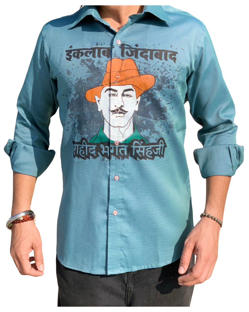 Inquilab Zindabad” Bhagat Singh Teal Blue Checks Printed Shirt