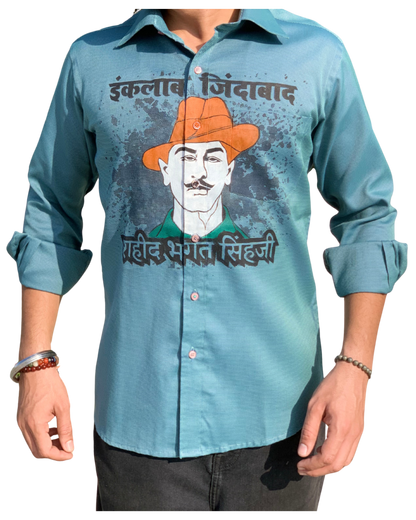 Inquilab Zindabad” Bhagat Singh Teal Blue Checks Printed Shirt