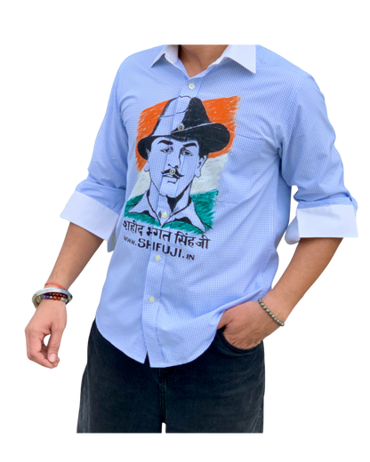 Inquilab Zindabad” Bhagat Singh White Blue Checks Printed Shirt