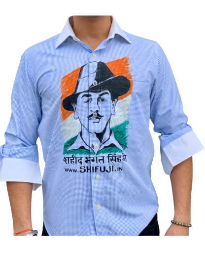 Inquilab Zindabad” Bhagat Singh White Blue Checks Printed Shirt