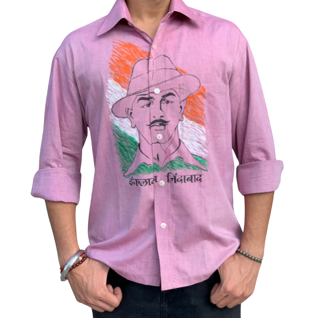 Inquilab Zindabad” Bhagat Singh Light Pink Checks Printed Shirt