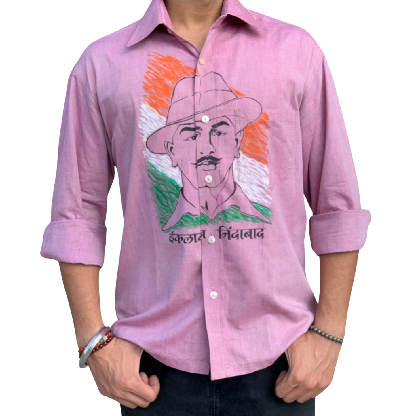Inquilab Zindabad” Bhagat Singh Light Pink Checks Printed Shirt