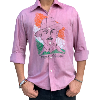 Inquilab Zindabad” Bhagat Singh Light Pink Checks Printed Shirt