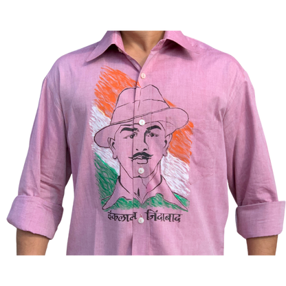 Inquilab Zindabad” Bhagat Singh Light Pink Checks Printed Shirt