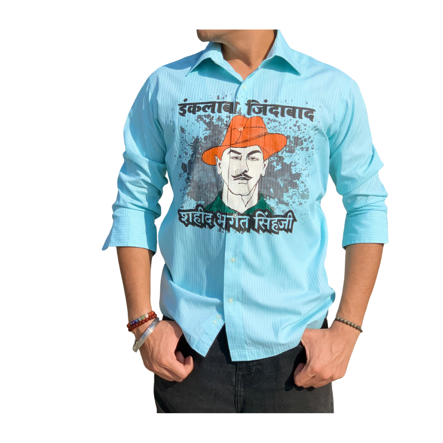 Inquilab Zindabad” Bhagat Singh Sky Blue Checks Printed Shirt