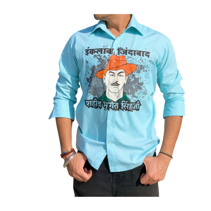 Inquilab Zindabad” Bhagat Singh Sky Blue Checks Printed Shirt