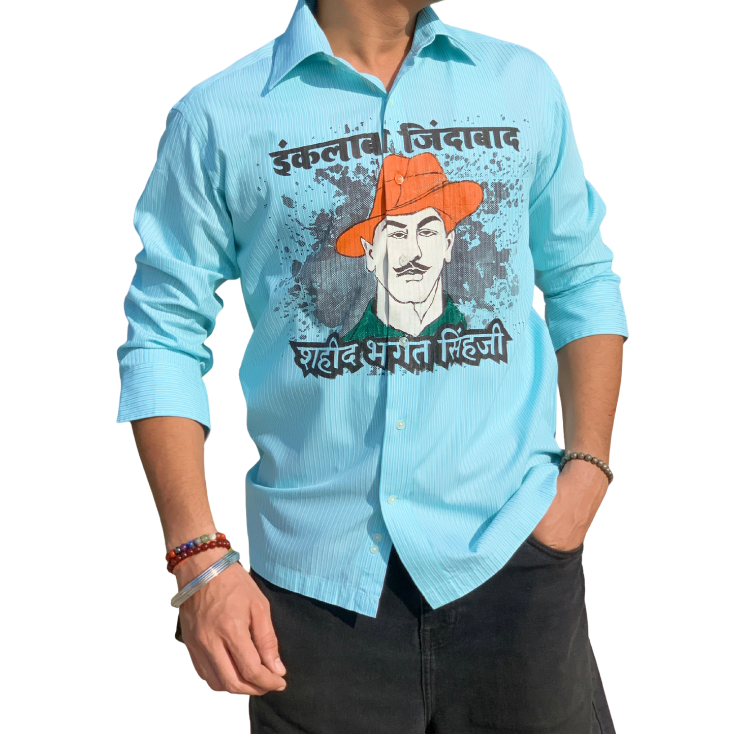 Inquilab Zindabad” Bhagat Singh Sky Blue Checks Printed Shirt