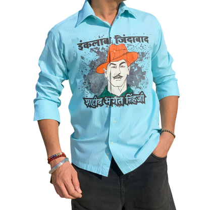 Inquilab Zindabad” Bhagat Singh Sky Blue Checks Printed Shirt