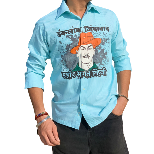 Inquilab Zindabad” Bhagat Singh Sky Blue Checks Printed Shirt