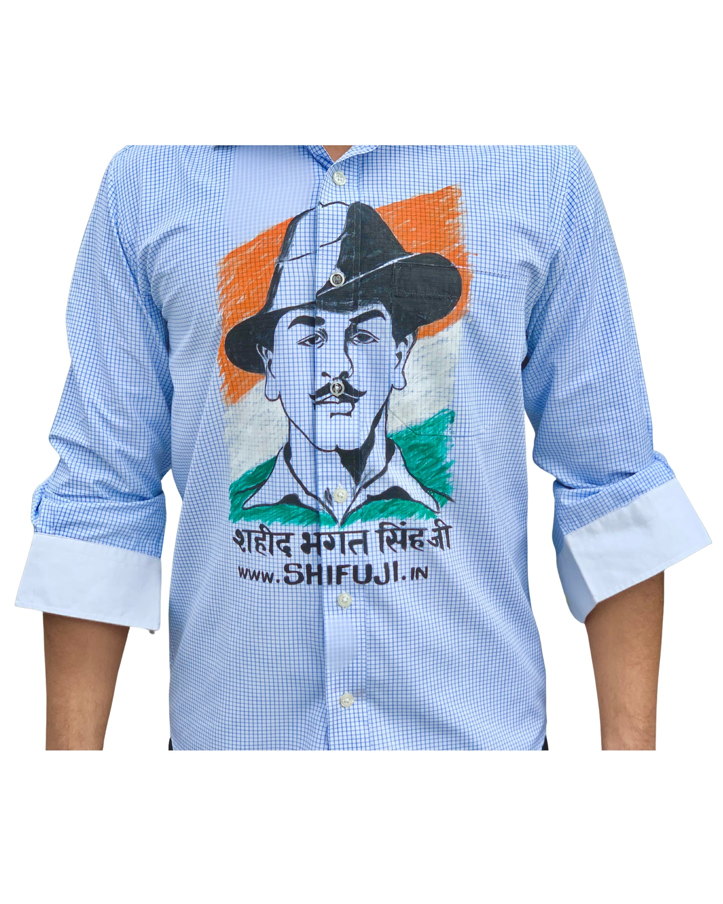 Inquilab Zindabad” Bhagat Singh White Blue Checks Printed Shirt