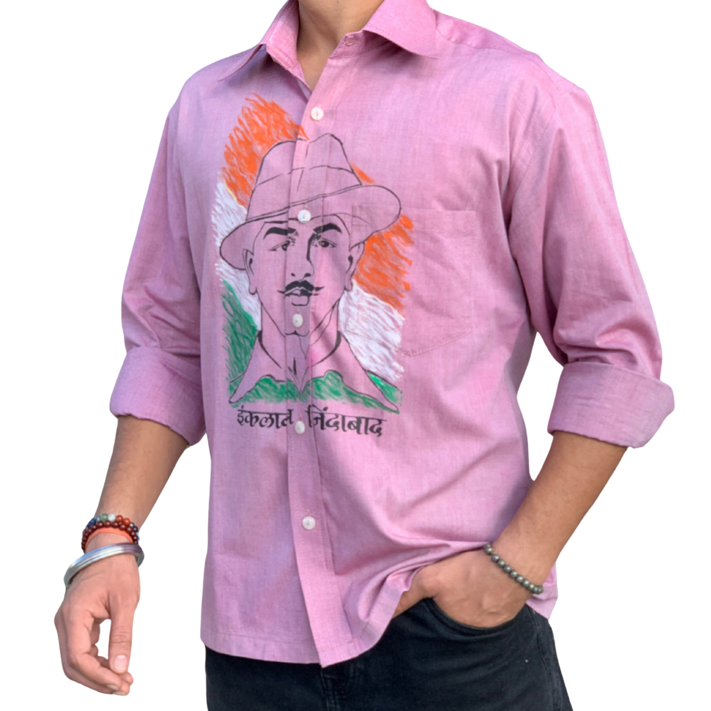 Inquilab Zindabad” Bhagat Singh Light Pink Checks Printed Shirt