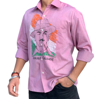 Inquilab Zindabad” Bhagat Singh Light Pink Checks Printed Shirt