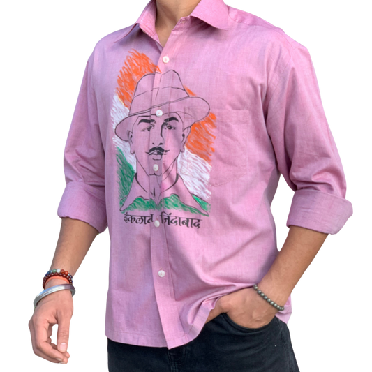 Inquilab Zindabad” Bhagat Singh Light Pink Checks Printed Shirt