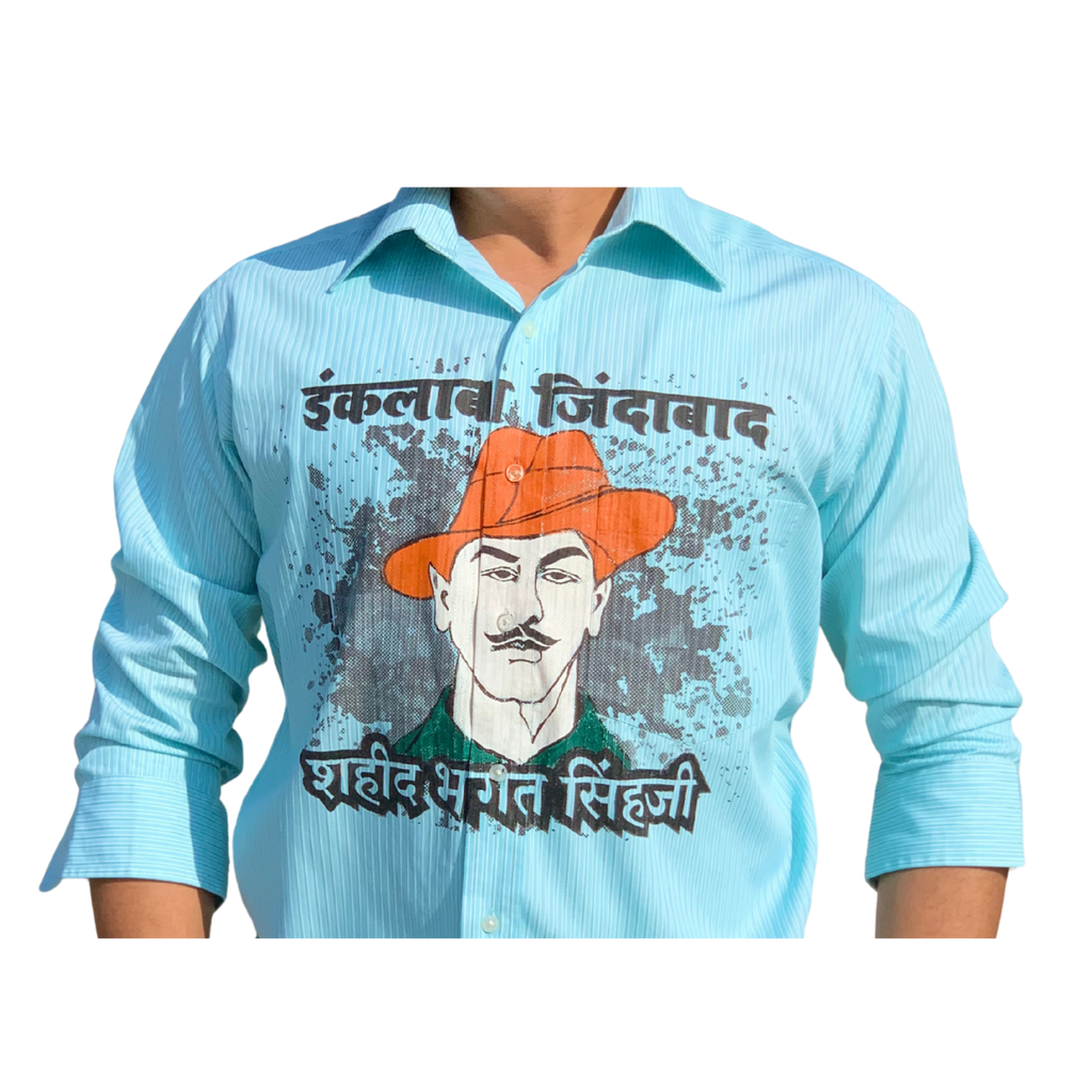 Inquilab Zindabad” Bhagat Singh Sky Blue Checks Printed Shirt