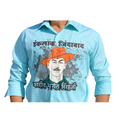 Inquilab Zindabad” Bhagat Singh Sky Blue Checks Printed Shirt