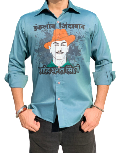 Inquilab Zindabad” Bhagat Singh Teal Blue Checks Printed Shirt